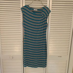 CALVIN KLEIN Gray Aqua Blue Striped Stretch Jersey Sheath Dress size 4 EXCELLENT